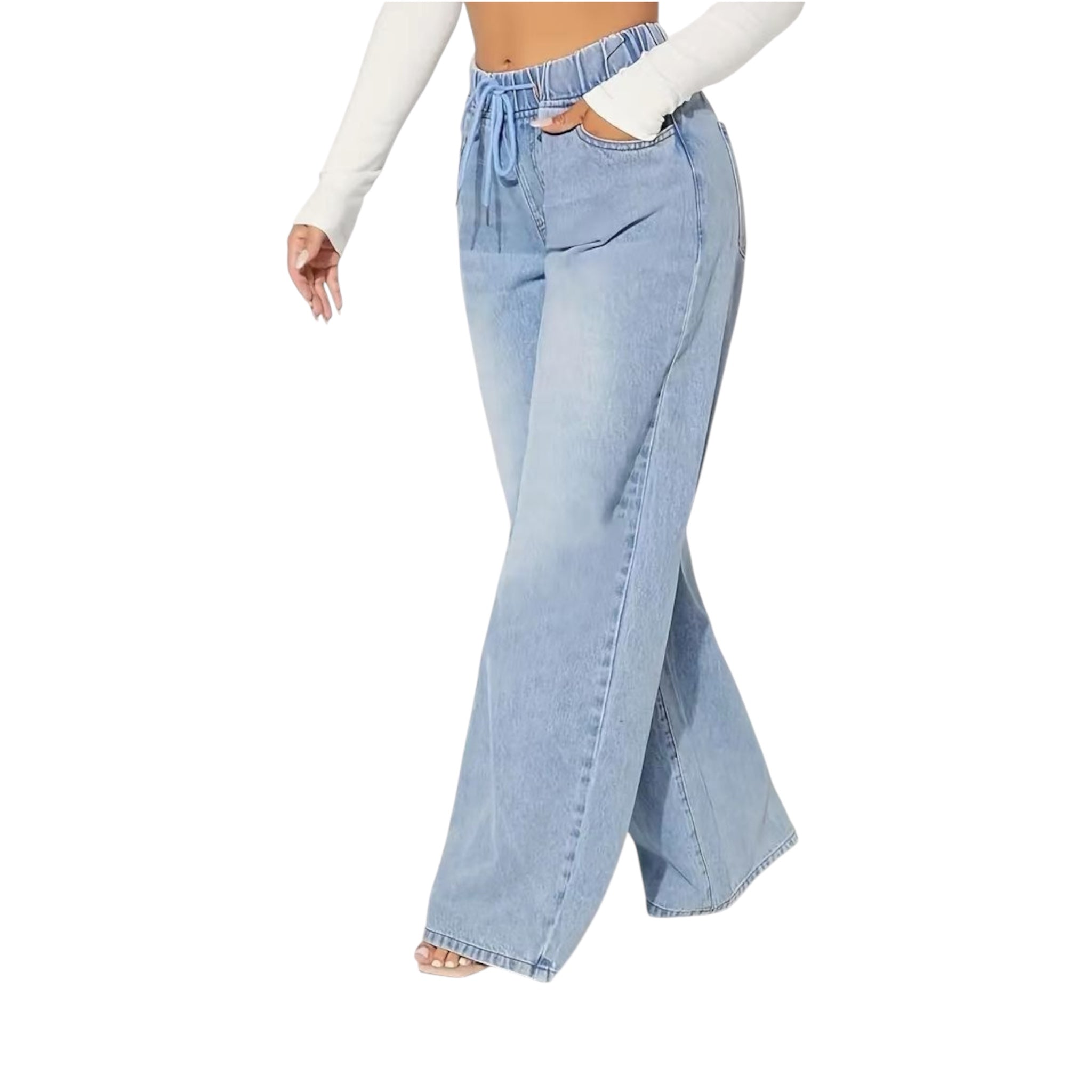Jeans da donna alla moda, casual, vintage, in denim azzurro chiaro, a vita alta, con coulisse, larghi e gamba larga