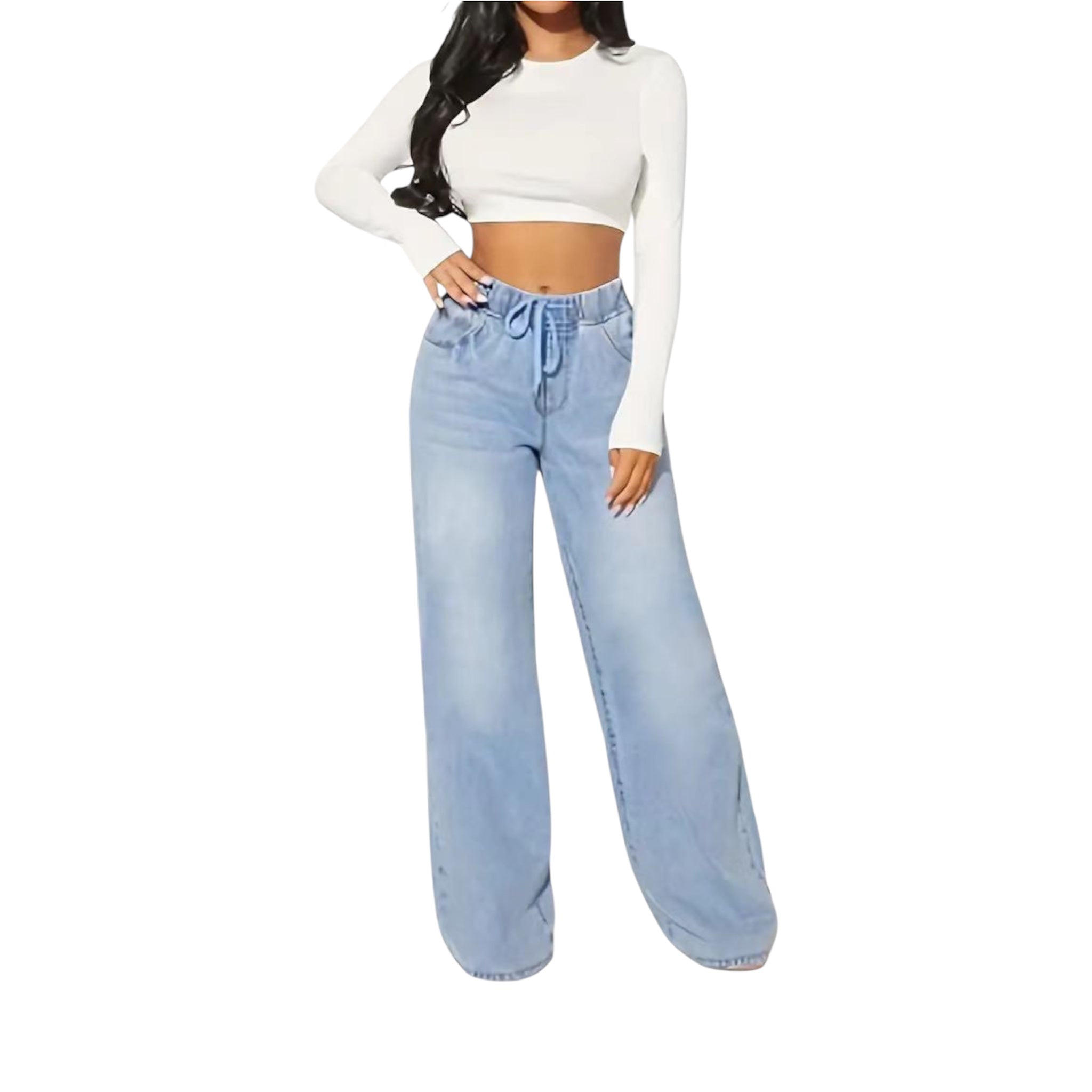 Jeans da donna alla moda, casual, vintage, in denim azzurro chiaro, a vita alta, con coulisse, larghi e gamba larga