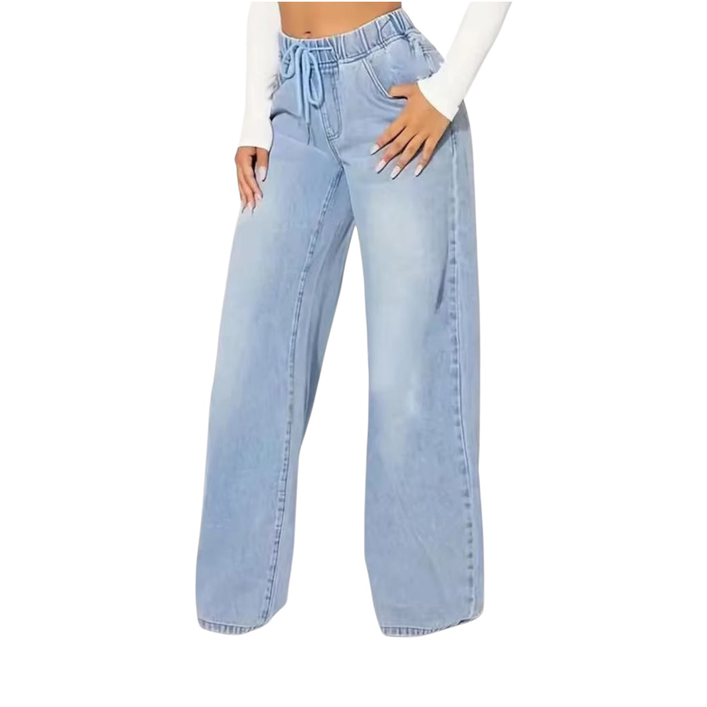 Fashionable Women's Casual Vintage Light Blue Denim Jeans High Waist Drawstring Loose Wide Leg Fashion Ladies Jeans