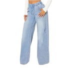 Fashionable Women's Casual Vintage Light Blue Denim Jeans High Waist Drawstring Loose Wide Leg Fashion Ladies Jeans