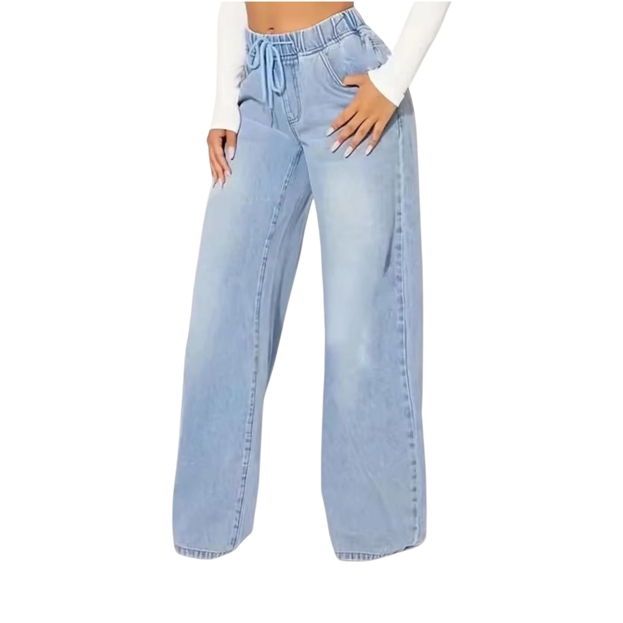 Fashionable Women's Casual Vintage Light Blue Denim Jeans High Waist Drawstring Loose Wide Leg Fashion Ladies Jeans