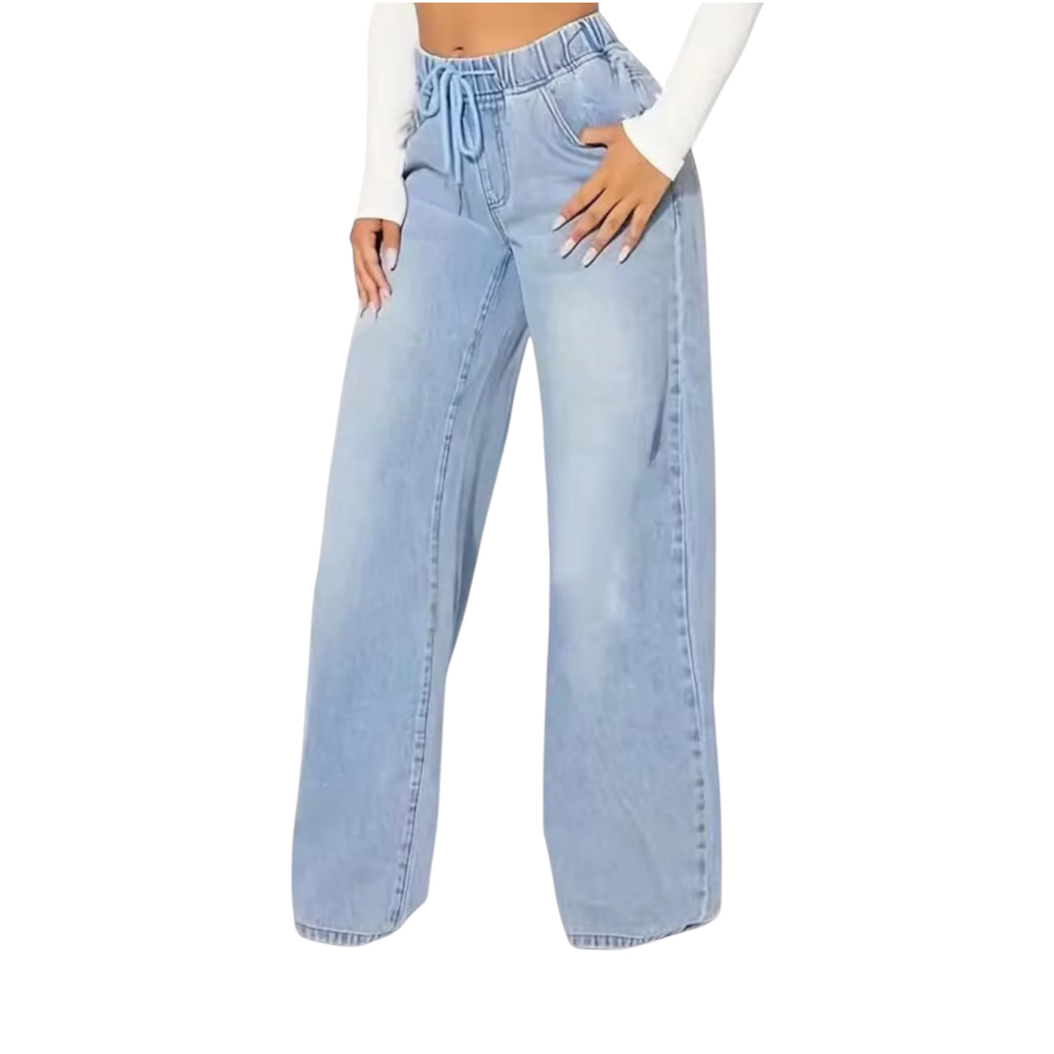 Jeans da donna alla moda, casual, vintage, in denim azzurro chiaro, a vita alta, con coulisse, larghi e gamba larga