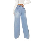 Fashionable Women's Casual Vintage Light Blue Denim Jeans High Waist Drawstring Loose Wide Leg Fashion Ladies Jeans