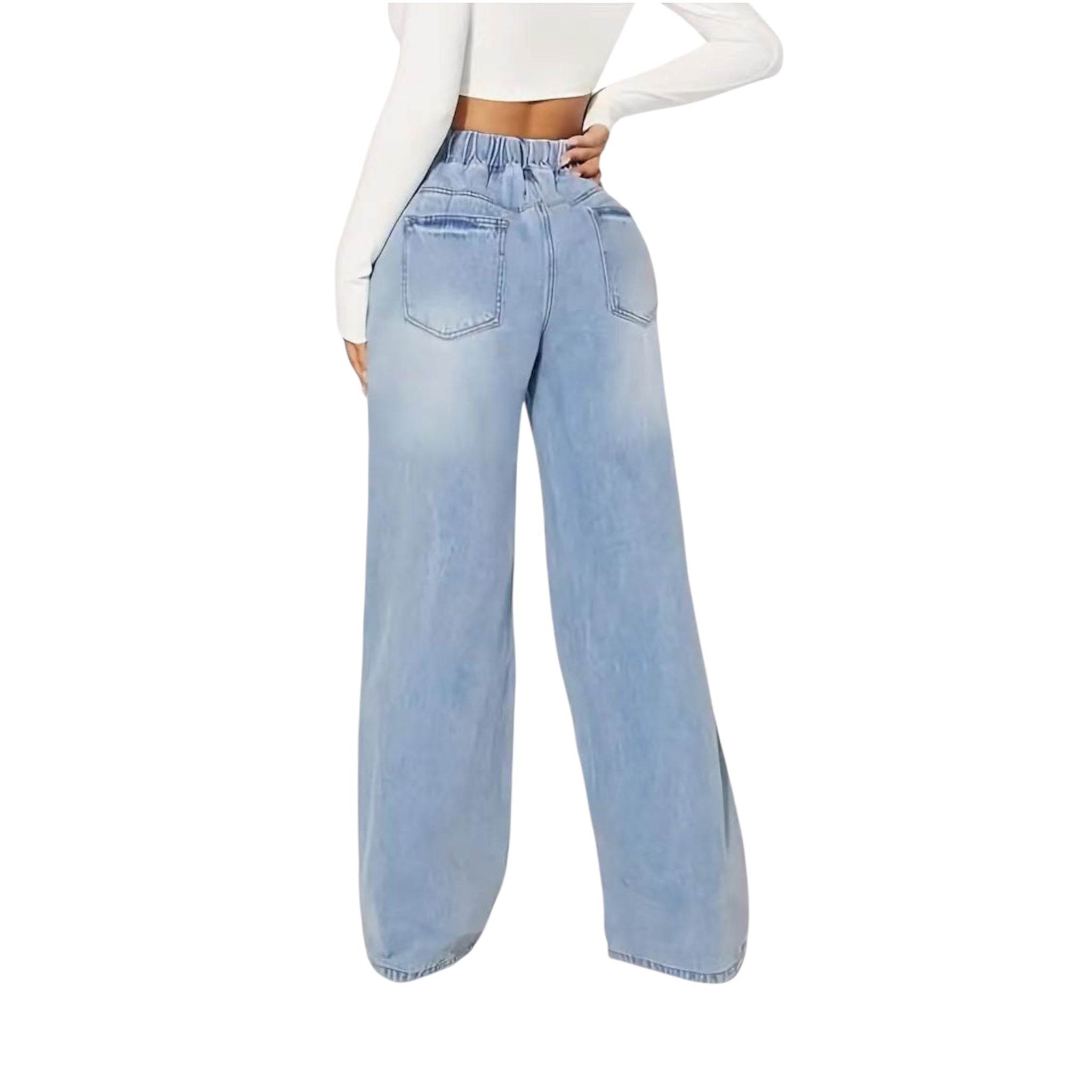 Jeans da donna alla moda, casual, vintage, in denim azzurro chiaro, a vita alta, con coulisse, larghi e gamba larga