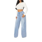Fashionable Women's Casual Vintage Light Blue Denim Jeans High Waist Drawstring Loose Wide Leg Fashion Ladies Jeans