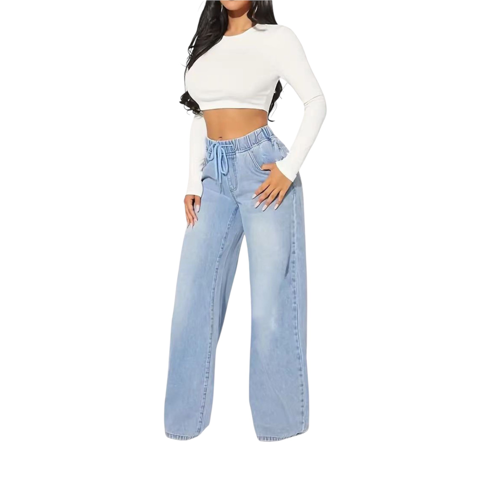 Jeans da donna alla moda, casual, vintage, in denim azzurro chiaro, a vita alta, con coulisse, larghi e gamba larga