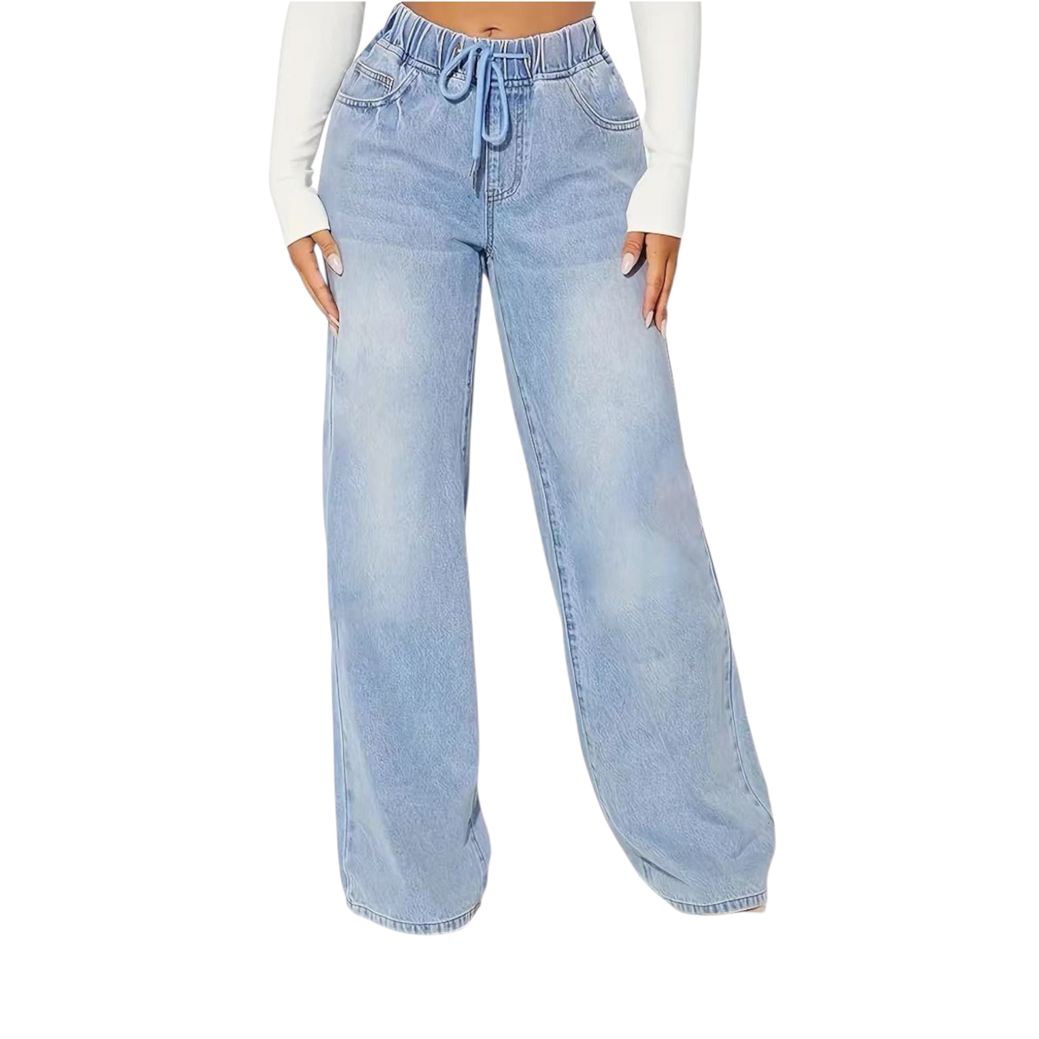 Jeans da donna alla moda, casual, vintage, in denim azzurro chiaro, a vita alta, con coulisse, larghi e gamba larga