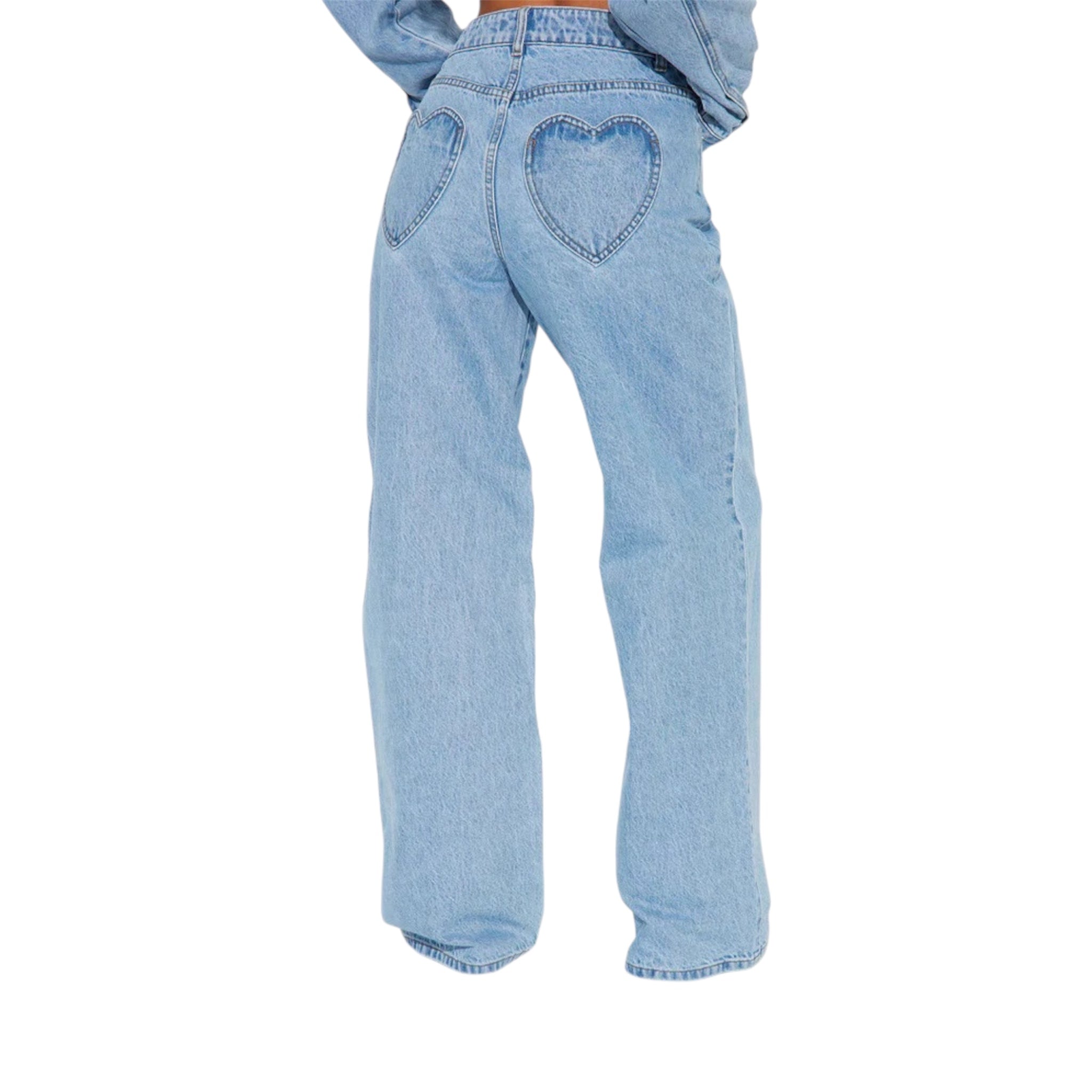 Jeans dritti snellenti da donna, vita alta, larghi, stile jeans, traspiranti, design con tasca a cuore, pantaloni lunghi da donna lavati