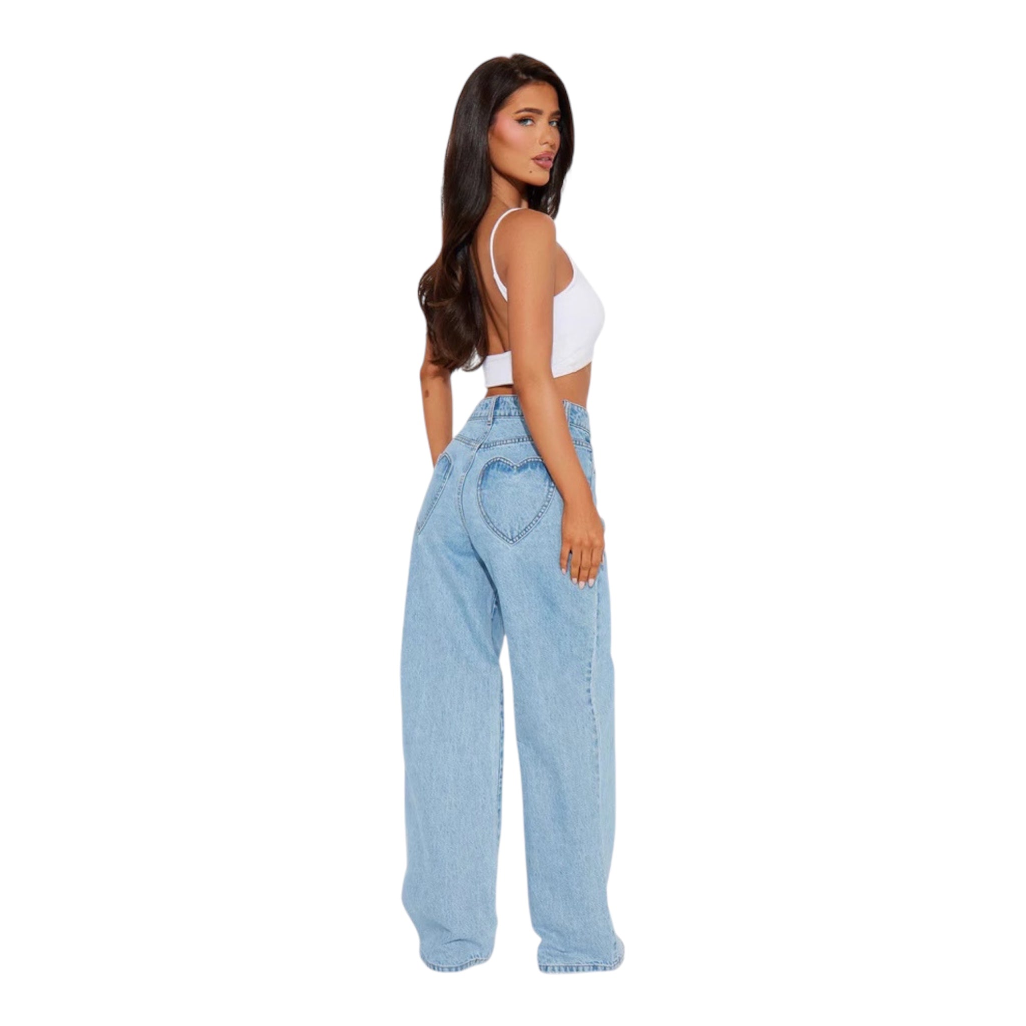 Dames rechte afslankende jeans met hoge taille, losse jeansstijl, ademend hartzakontwerp, gewassen lange damesbroek