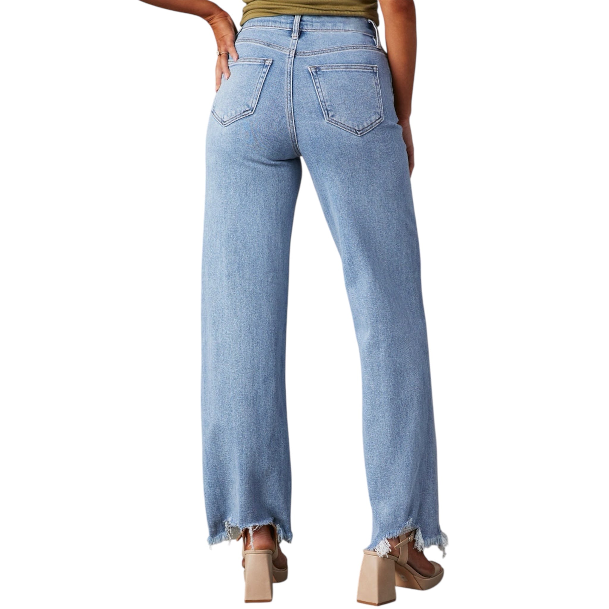 Jeans da donna, alla moda, semplici, classici, alla moda, lavati, a vita alta, con bordo grezzo, a gamba larga, casual, larghi