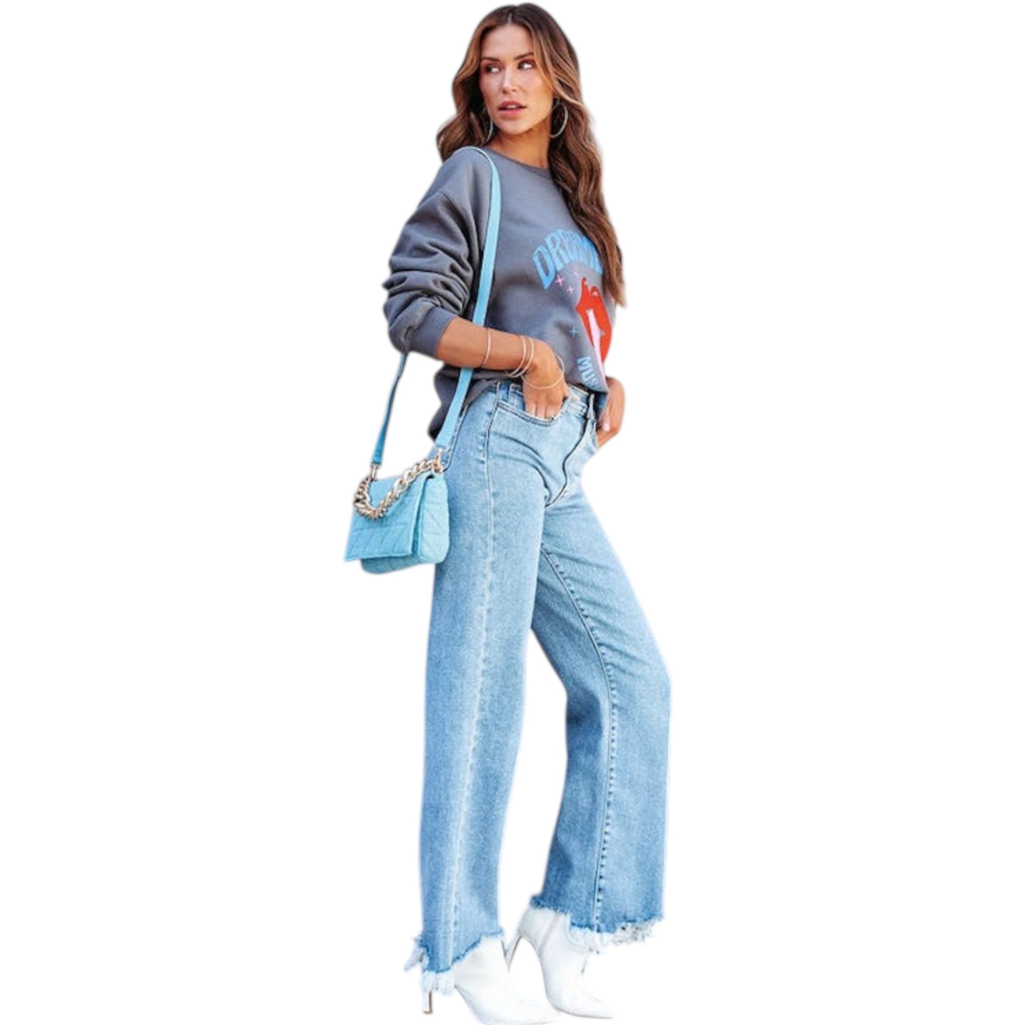Women's Fashionable Simple Classic Fashion Washed High Waist Raw Edge Wide Leg Casual Baggy Women's Jeans Pant