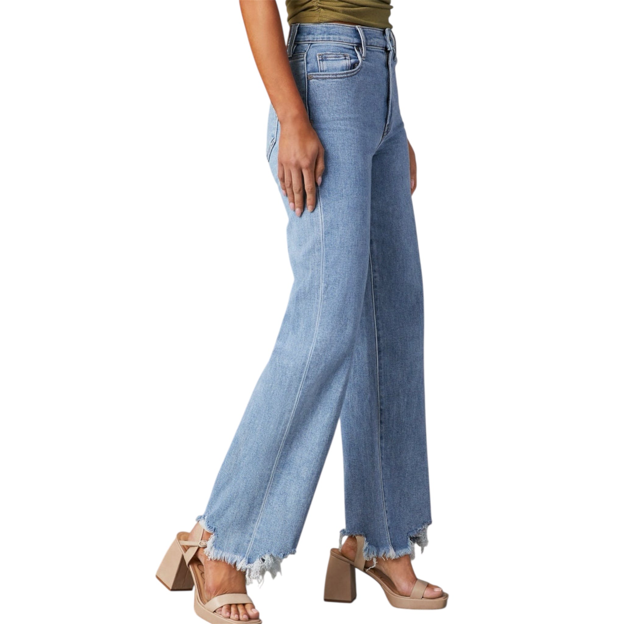 Modieuze, eenvoudige, klassieke dames jeansbroek met hoge taille, wijde pijpen en een ruwe rand, casual en baggy