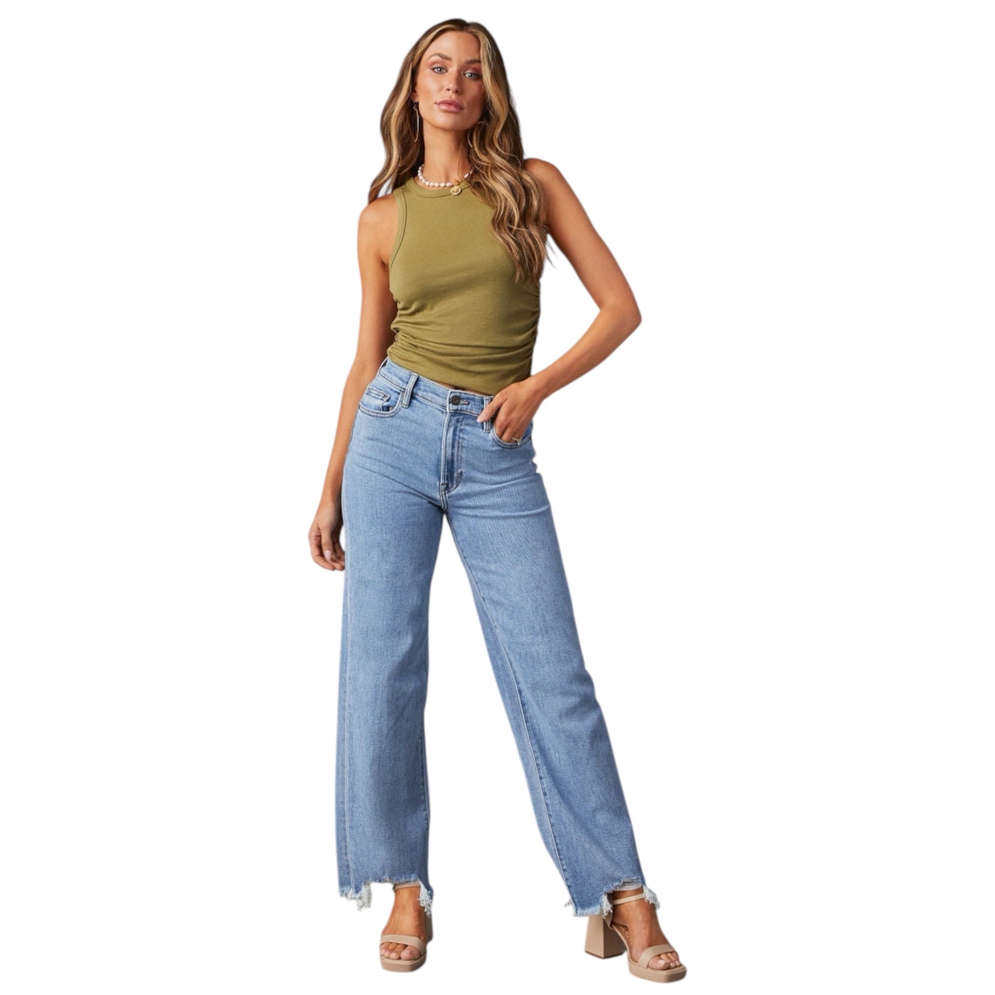 Women's Fashionable Simple Classic Fashion Washed High Waist Raw Edge Wide Leg Casual Baggy Women's Jeans Pant