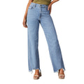 Modieuze, eenvoudige, klassieke dames jeansbroek met hoge taille, wijde pijpen en een ruwe rand, casual en baggy