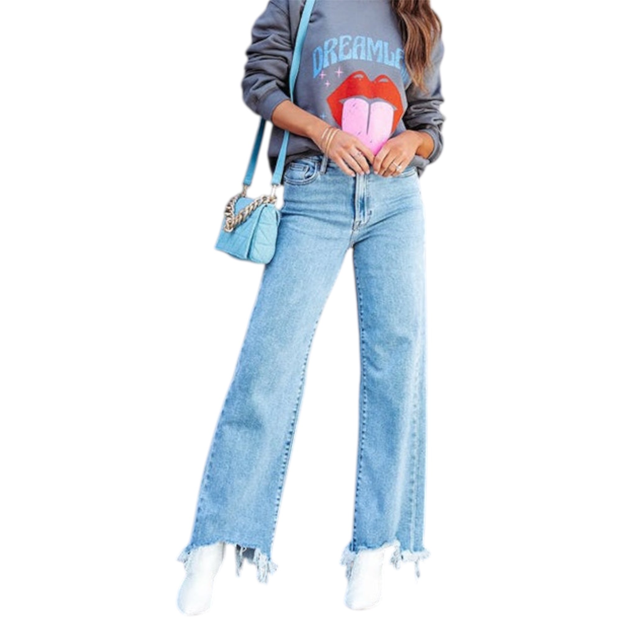 Modieuze, eenvoudige, klassieke dames jeansbroek met hoge taille, wijde pijpen en een ruwe rand, casual en baggy
