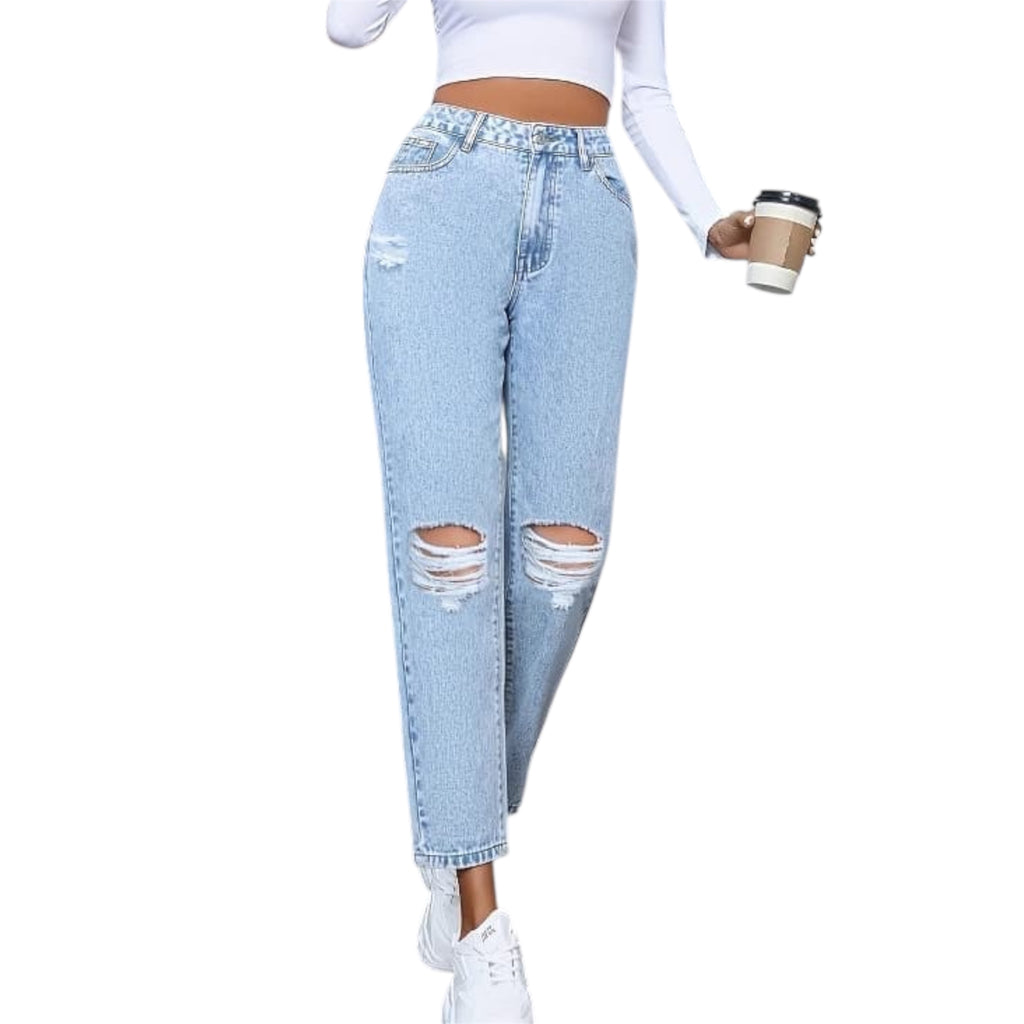 Women's Fashionable Light Blue Distressed Ripped Vintage High Waist Wide Leg Straight Fashion Women's Denim Jeans Pants