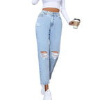 Women's Fashionable Light Blue Distressed Ripped Vintage High Waist Wide Leg Straight Fashion Women's Denim Jeans Pants
