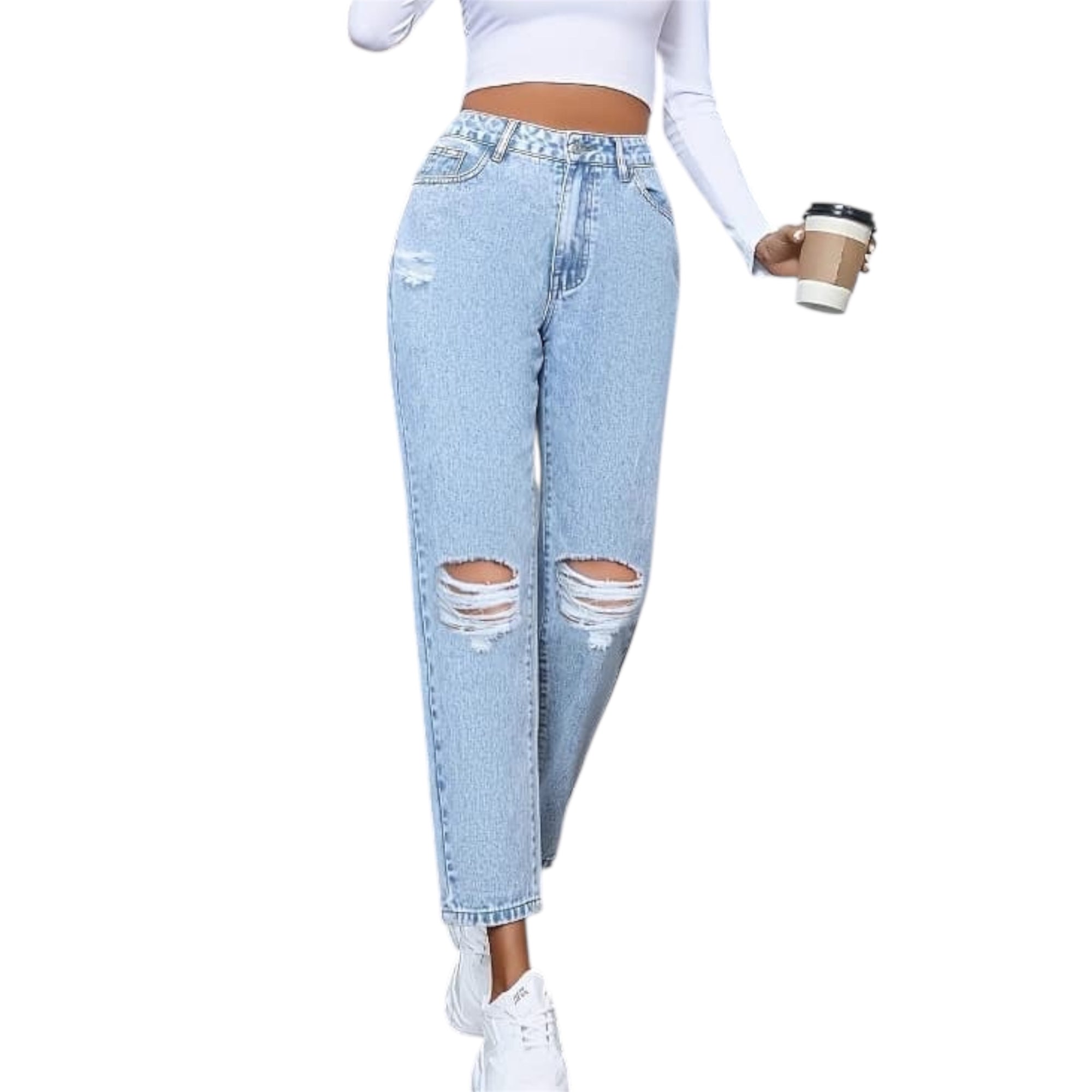 Women's Fashionable Light Blue Distressed Ripped Vintage High Waist Wide Leg Straight Fashion Women's Denim Jeans Pants