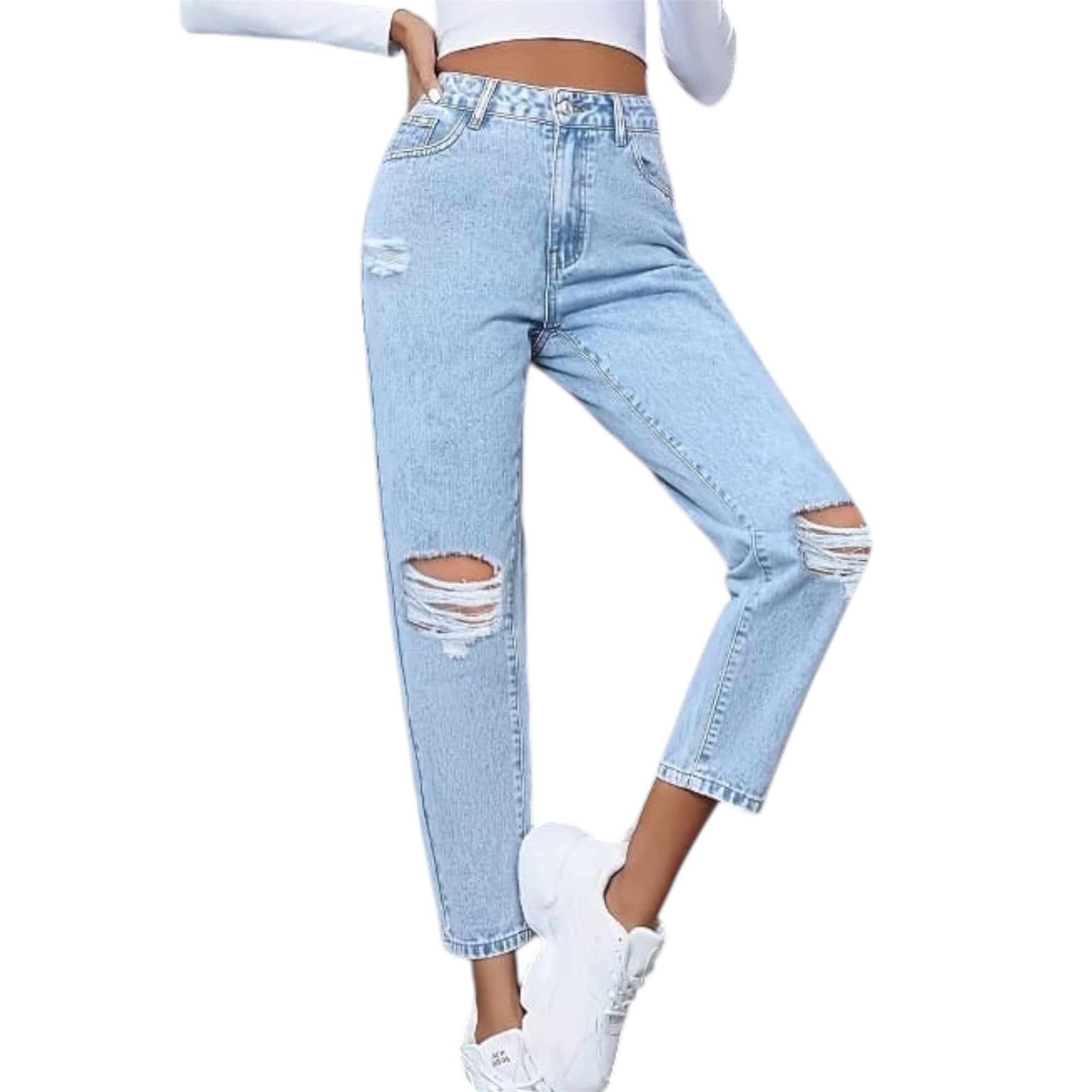 Women's Fashionable Light Blue Distressed Ripped Vintage High Waist Wide Leg Straight Fashion Women's Denim Jeans Pants