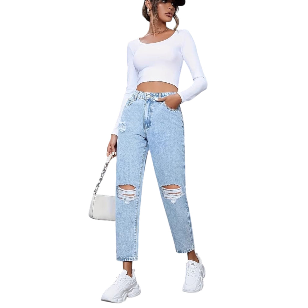 Women's Fashionable Light Blue Distressed Ripped Vintage High Waist Wide Leg Straight Fashion Women's Denim Jeans Pants