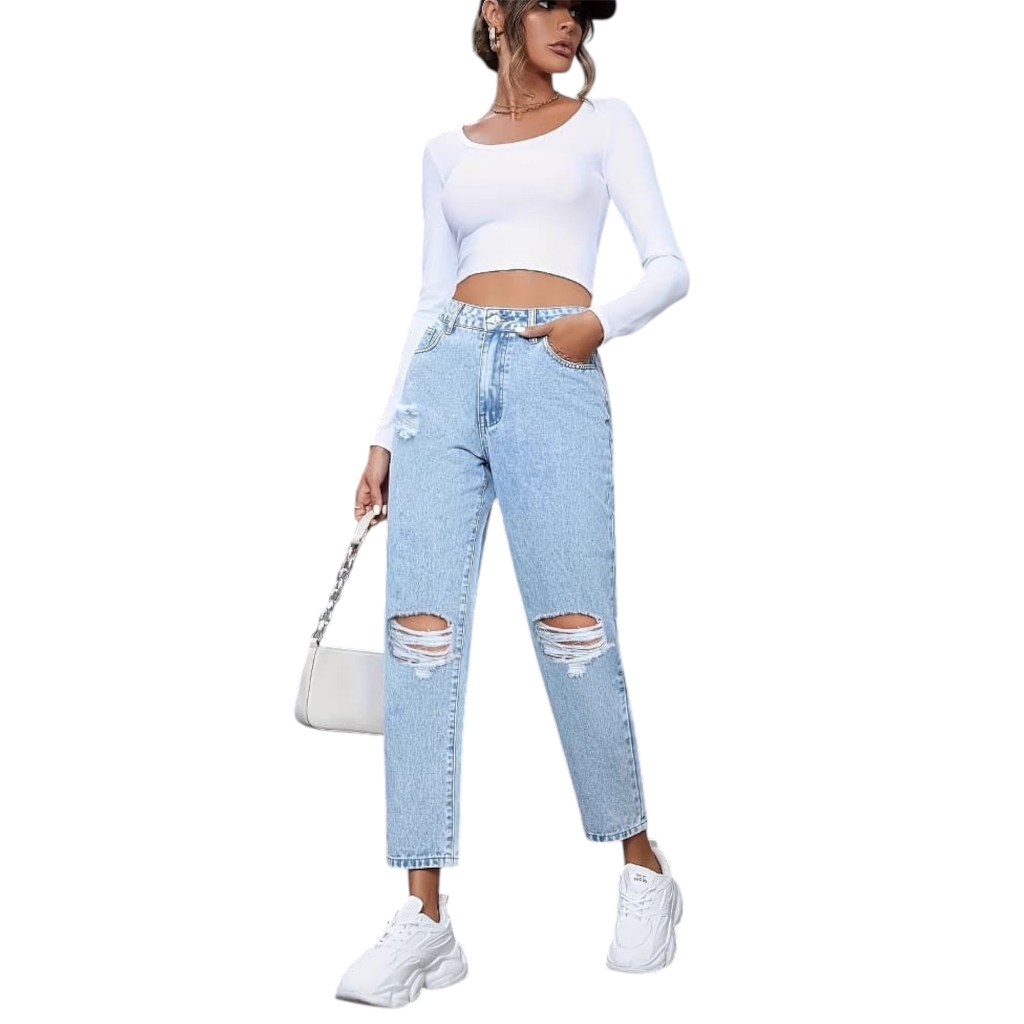 Women's Fashionable Light Blue Distressed Ripped Vintage High Waist Wide Leg Straight Fashion Women's Denim Jeans Pants