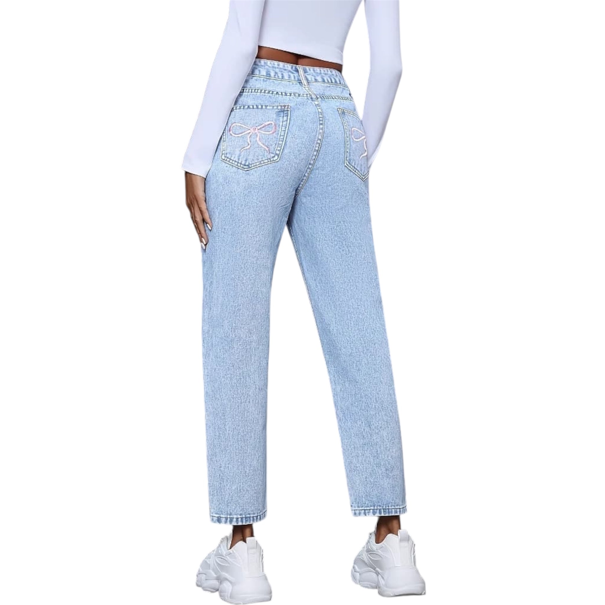Women's Fashionable Light Blue Distressed Ripped Vintage High Waist Wide Leg Straight Fashion Women's Denim Jeans Pants - Acquisti Online