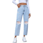 Women's Fashionable Light Blue Distressed Ripped Vintage High Waist Wide Leg Straight Fashion Women's Denim Jeans Pants