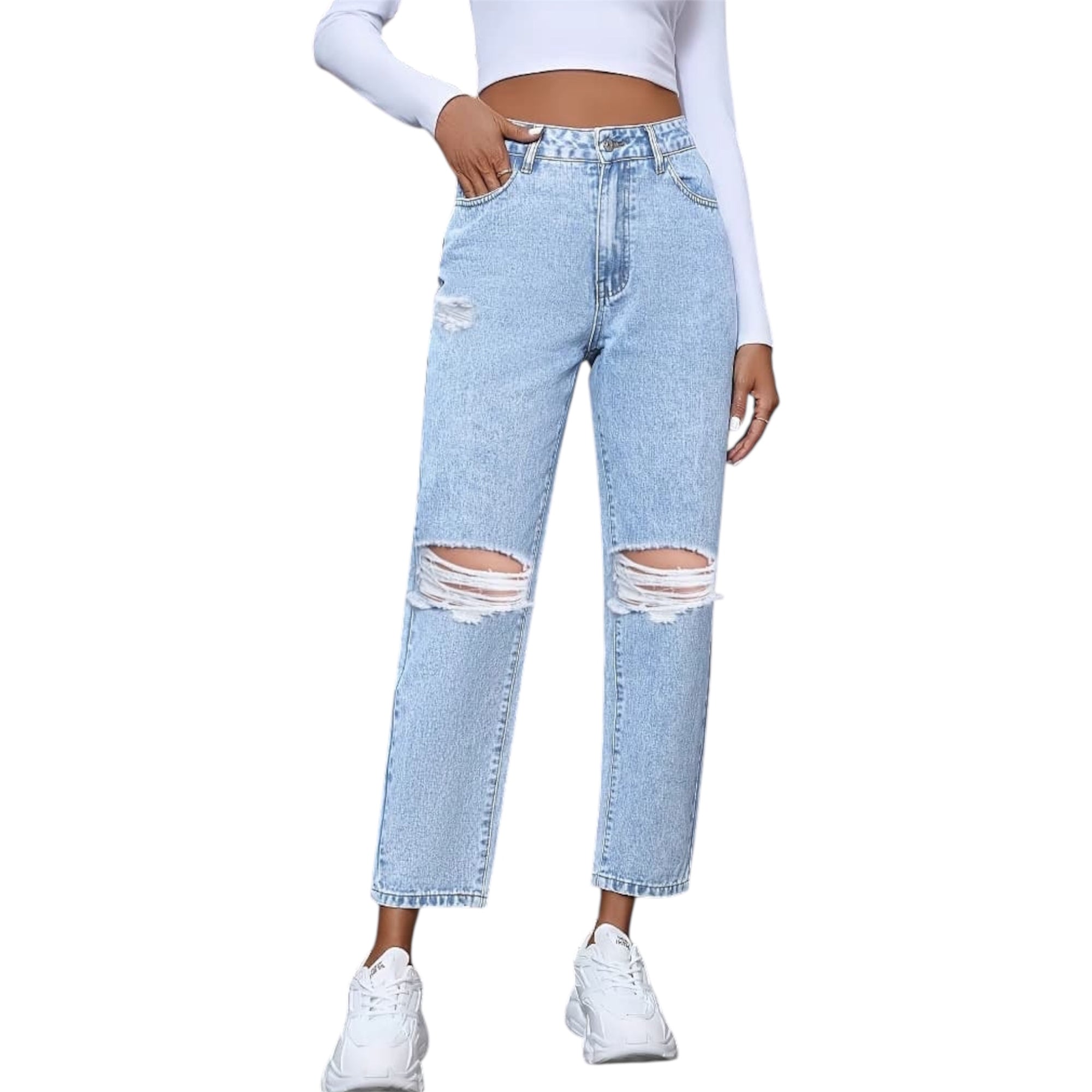 Women's Fashionable Light Blue Distressed Ripped Vintage High Waist Wide Leg Straight Fashion Women's Denim Jeans Pants