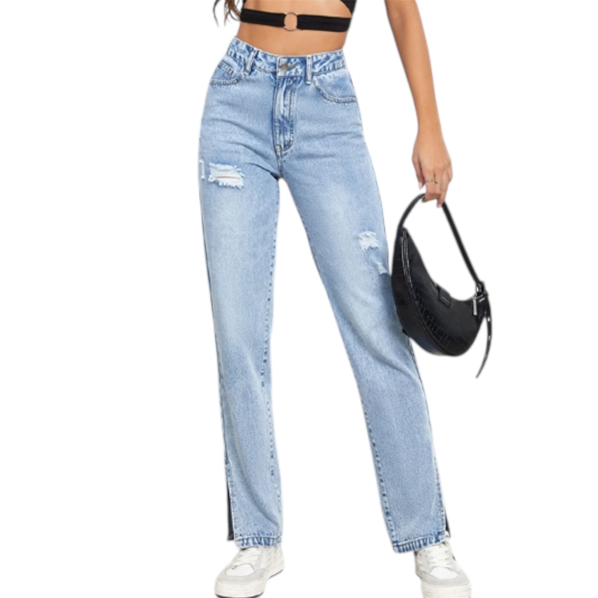 Women Streetwear High Quality Cotton Denim Pants Slim Fit Straight Leg eans Distressed Slit Straight Leg Women Jeans