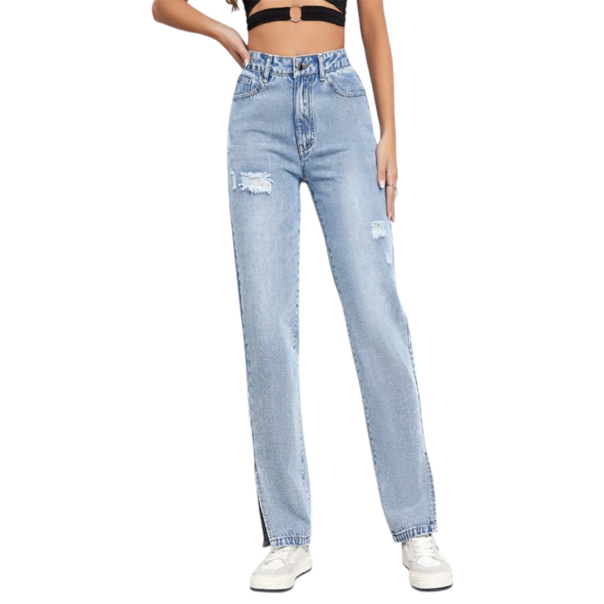 Women Streetwear High Quality Cotton Denim Pants Slim Fit Straight Leg eans Distressed Slit Straight Leg Women Jeans