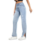 Women Streetwear High Quality Cotton Denim Pants Slim Fit Straight Leg eans Distressed Slit Straight Leg Women Jeans
