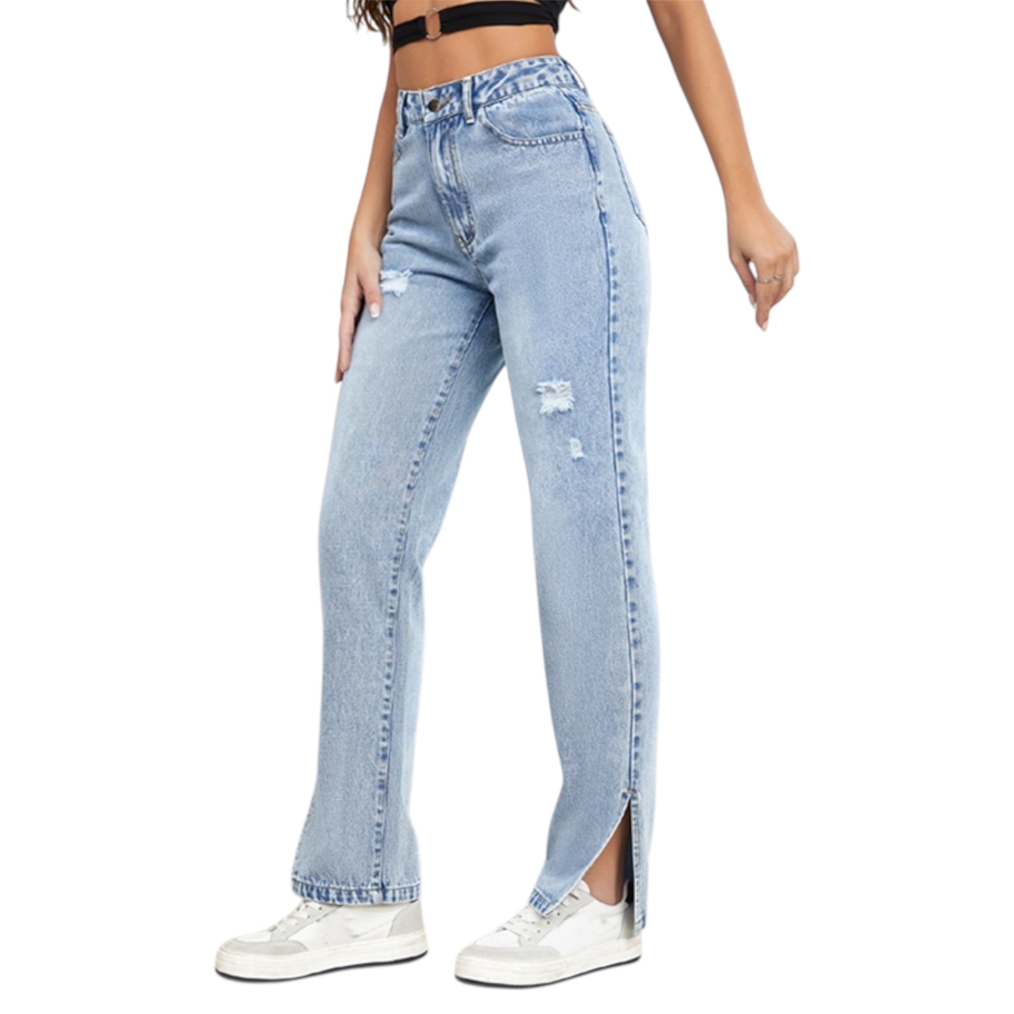 Women Streetwear High Quality Cotton Denim Pants Slim Fit Straight Leg eans Distressed Slit Straight Leg Women Jeans