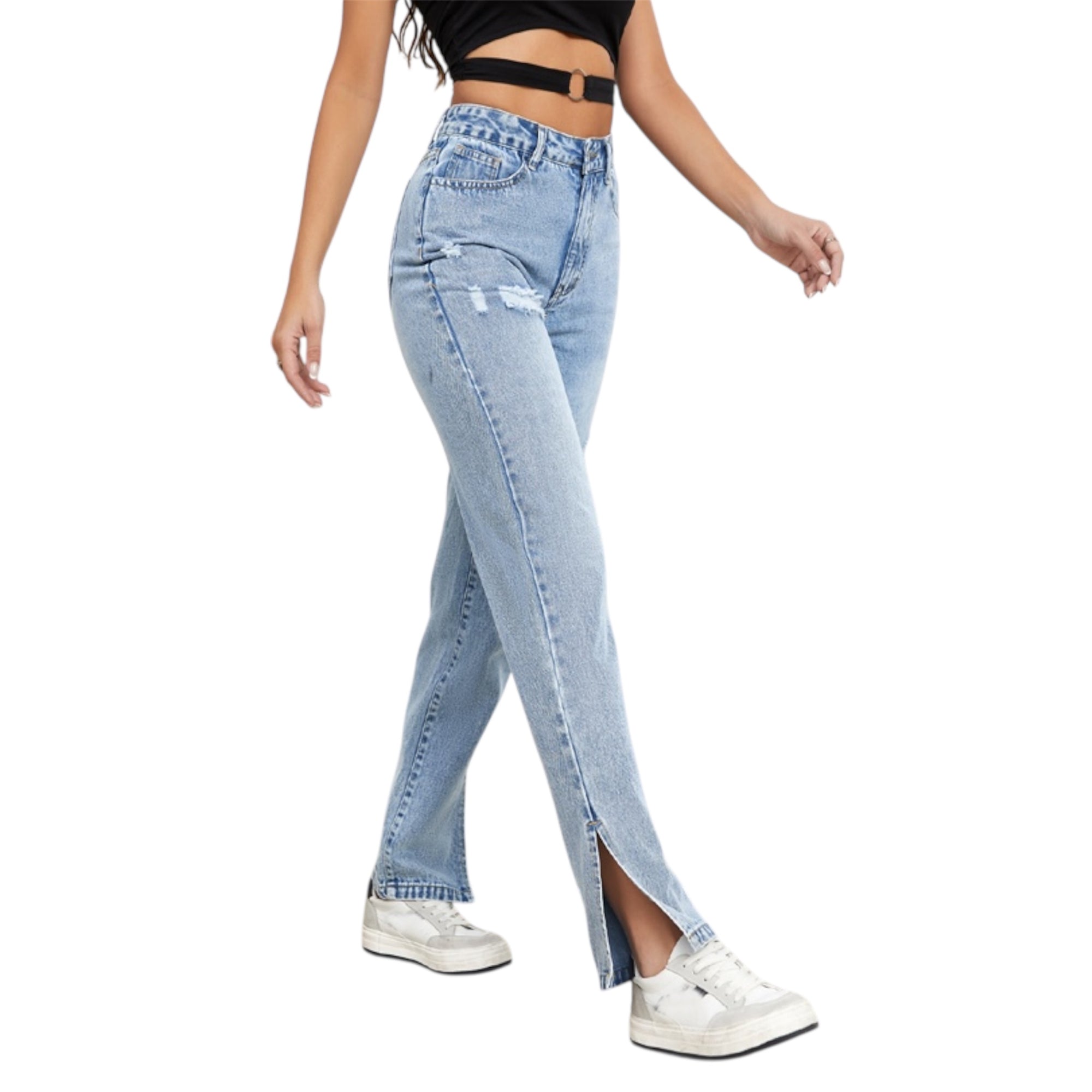 Women Streetwear High Quality Cotton Denim Pants Slim Fit Straight Leg eans Distressed Slit Straight Leg Women Jeans