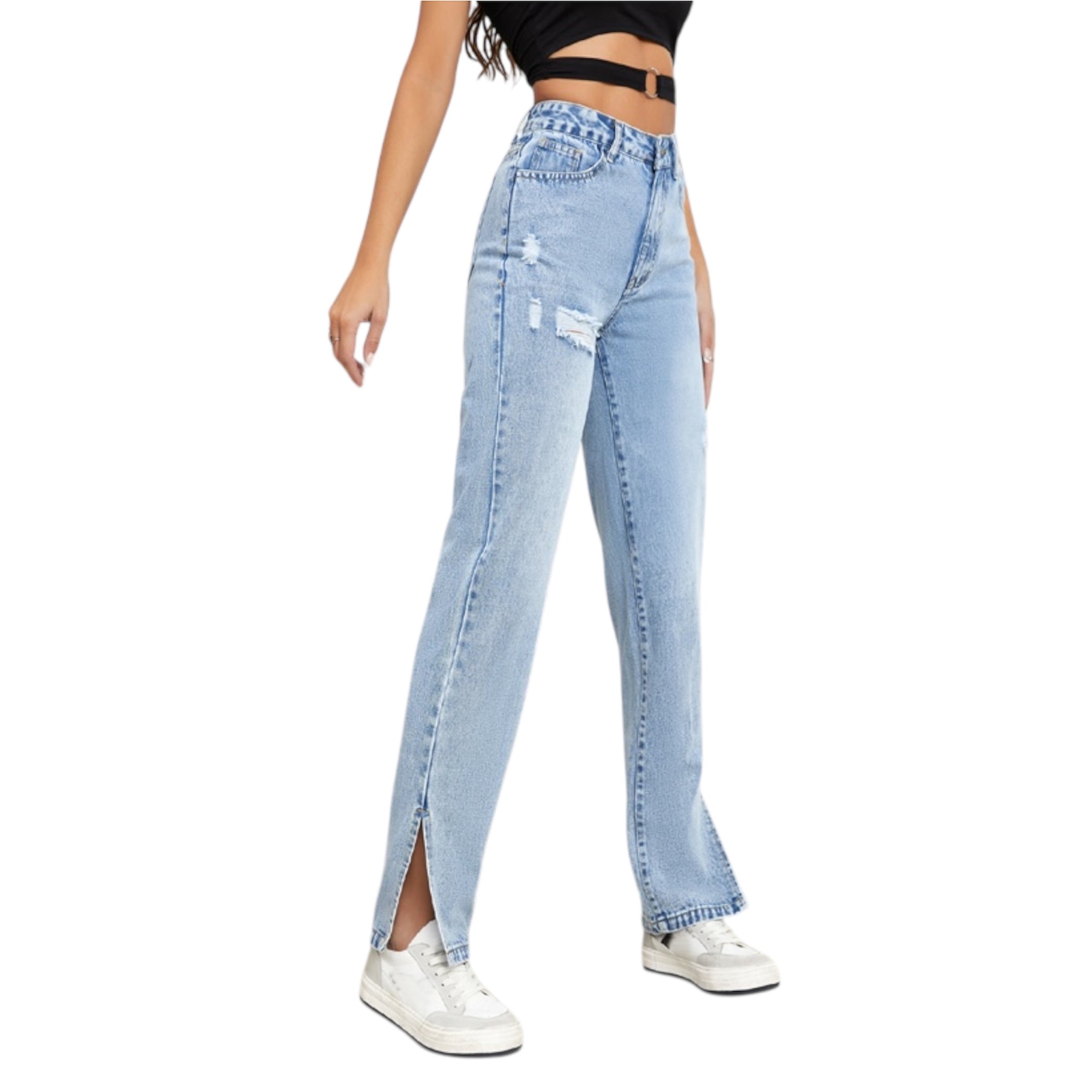 Women Streetwear High Quality Cotton Denim Pants Slim Fit Straight Leg eans Distressed Slit Straight Leg Women Jeans