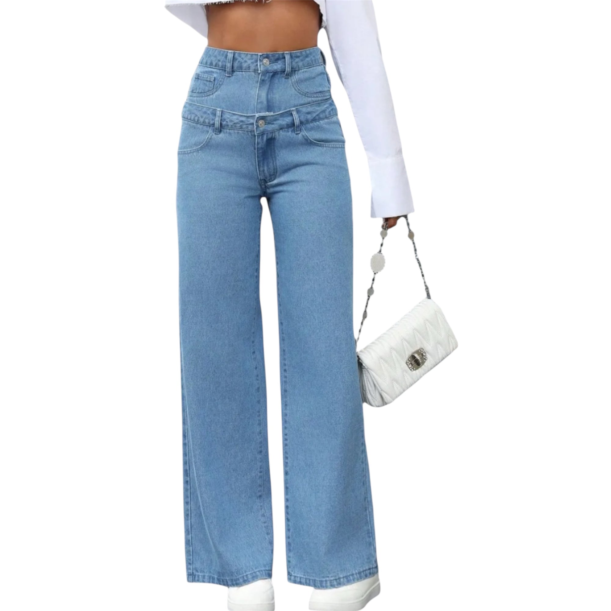 Women's Fashionable Light Blue High Waist Straight Leg Baggy Denim Jeans Double waisted wide leg straight Leg Pants