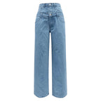Women's Fashionable Light Blue High Waist Straight Leg Baggy Denim Jeans Double waisted wide leg straight Leg Pants