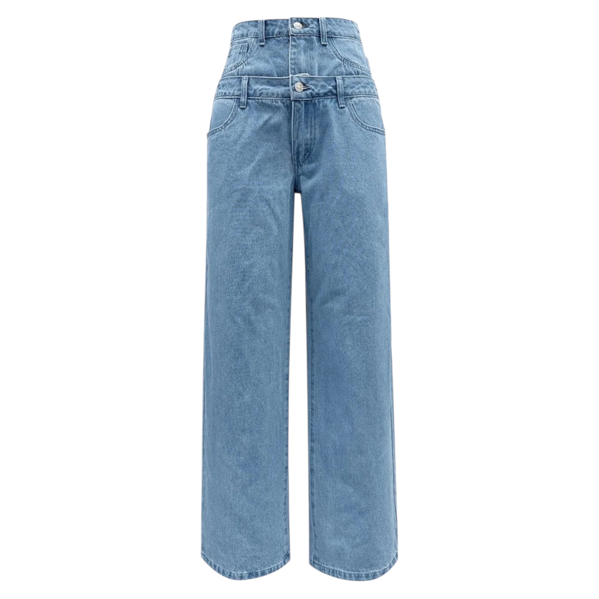 Women's Fashionable Light Blue High Waist Straight Leg Baggy Denim Jeans Double waisted wide leg straight Leg Pants