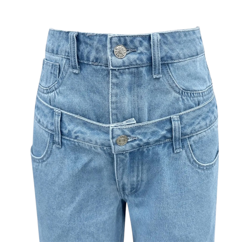Women's Fashionable Light Blue High Waist Straight Leg Baggy Denim Jeans Double waisted wide leg straight Leg Pants