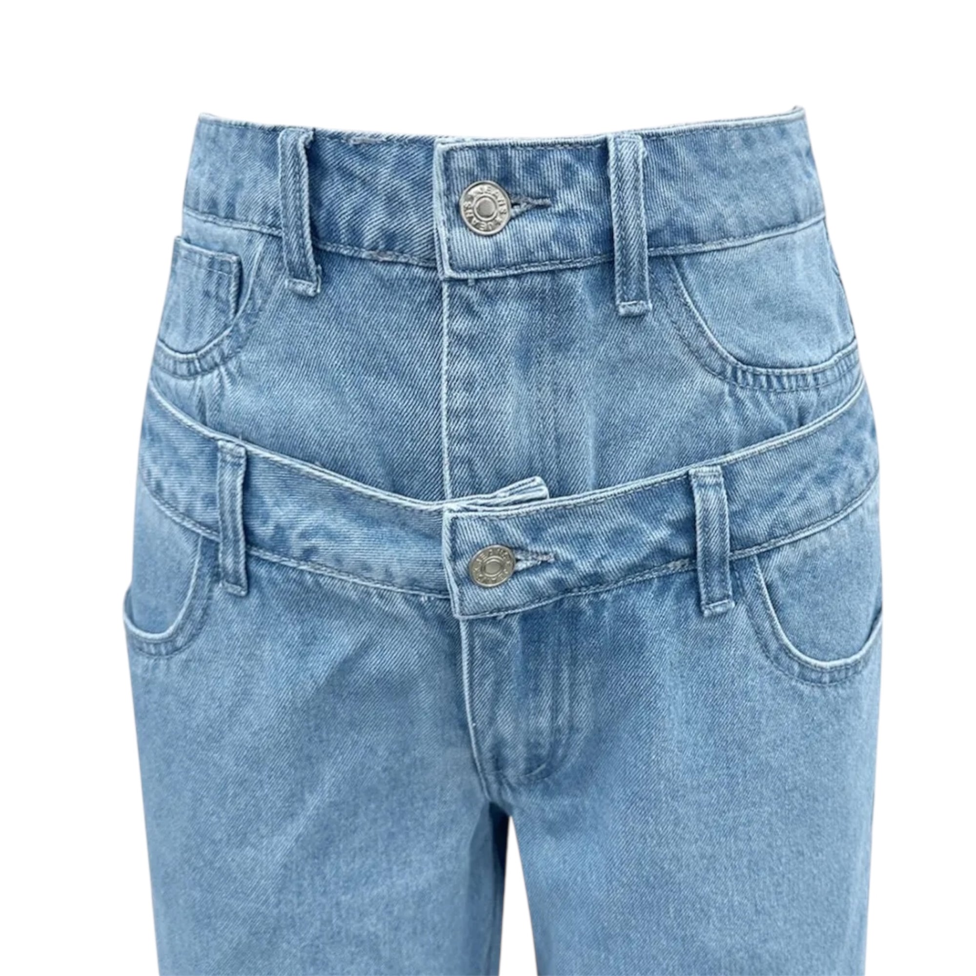 Women's Fashionable Light Blue High Waist Straight Leg Baggy Denim Jeans Double waisted wide leg straight Leg Pants