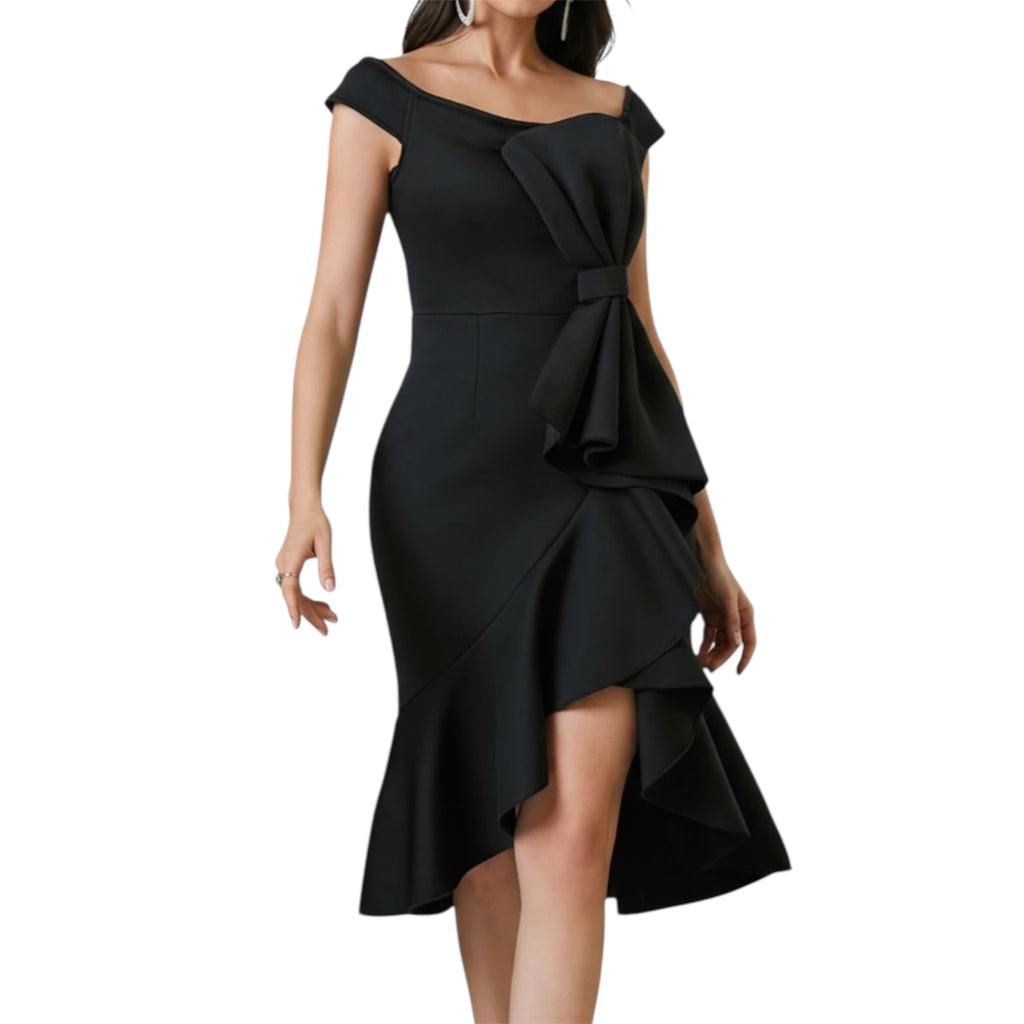 Women's Off-the-shoulder V-neck Ruffled Pleated Waist Slit Dress Women Vintage Church Bow Decor Bodycon Midi Dress