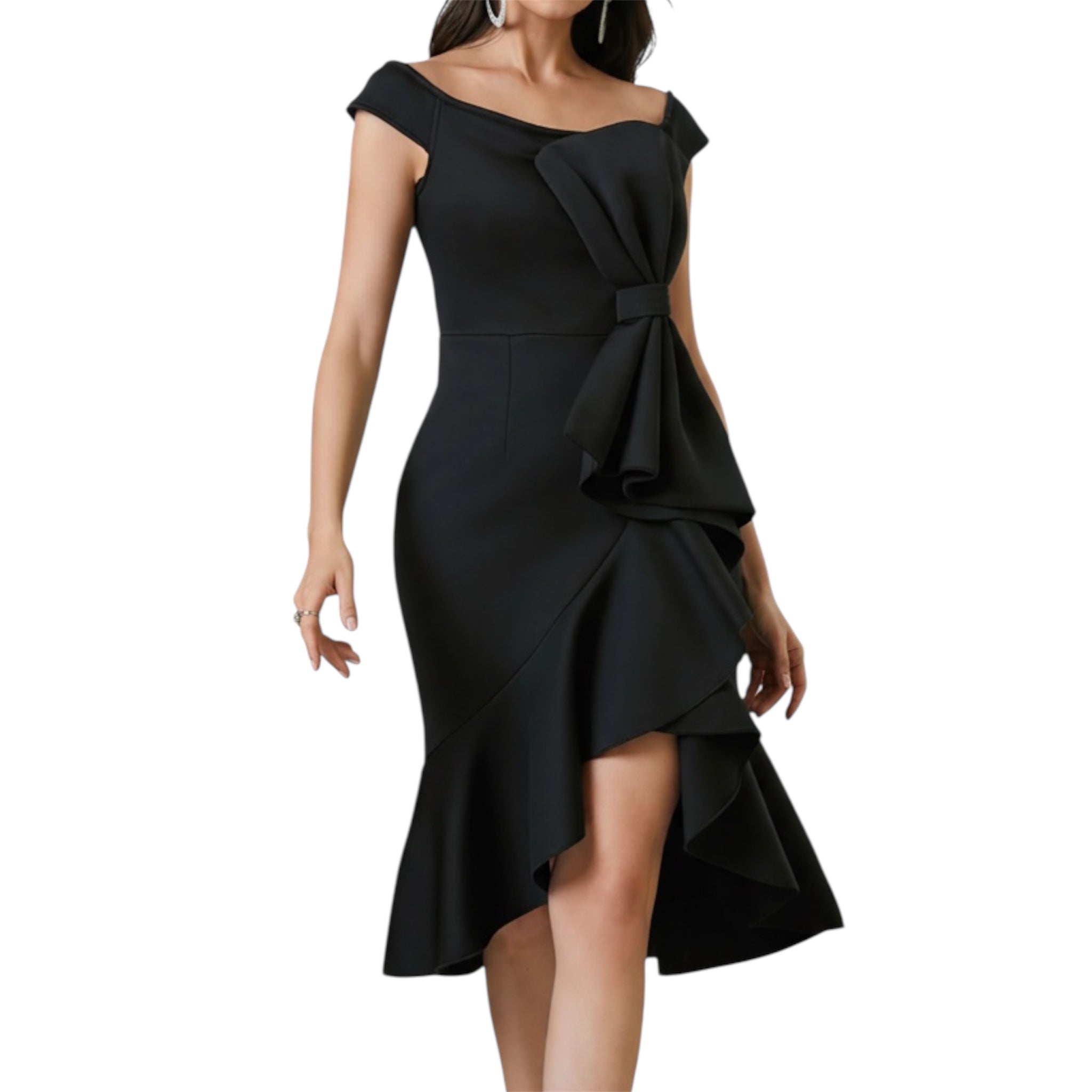 Women's Off-the-shoulder V-neck Ruffled Pleated Waist Slit Dress Women Vintage Church Bow Decor Bodycon Midi Dress