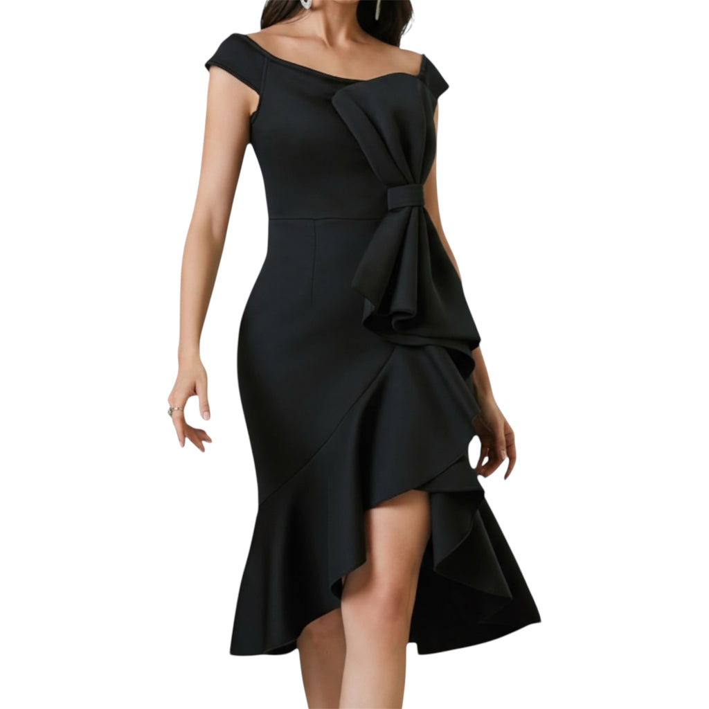 Women's Off-the-shoulder V-neck Ruffled Pleated Waist Slit Dress Women Vintage Church Bow Decor Bodycon Midi Dress