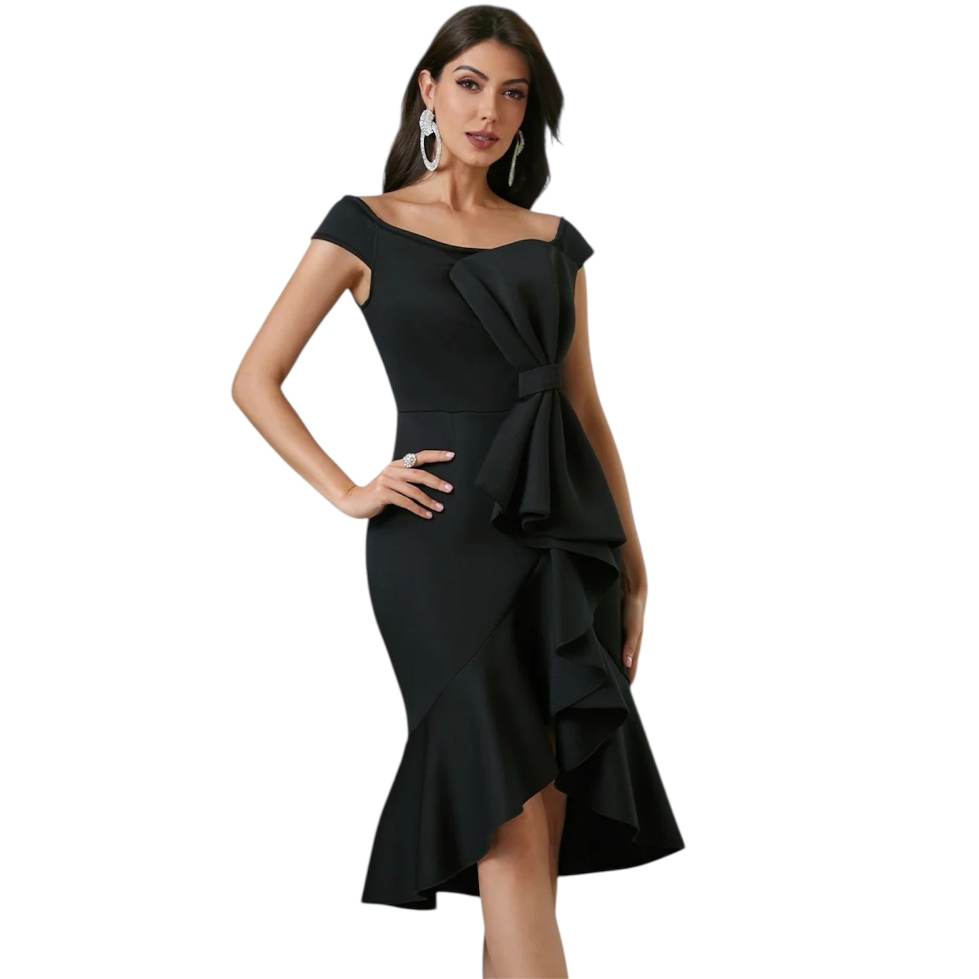 Women's Off-the-shoulder V-neck Ruffled Pleated Waist Slit Dress Women Vintage Church Bow Decor Bodycon Midi Dress