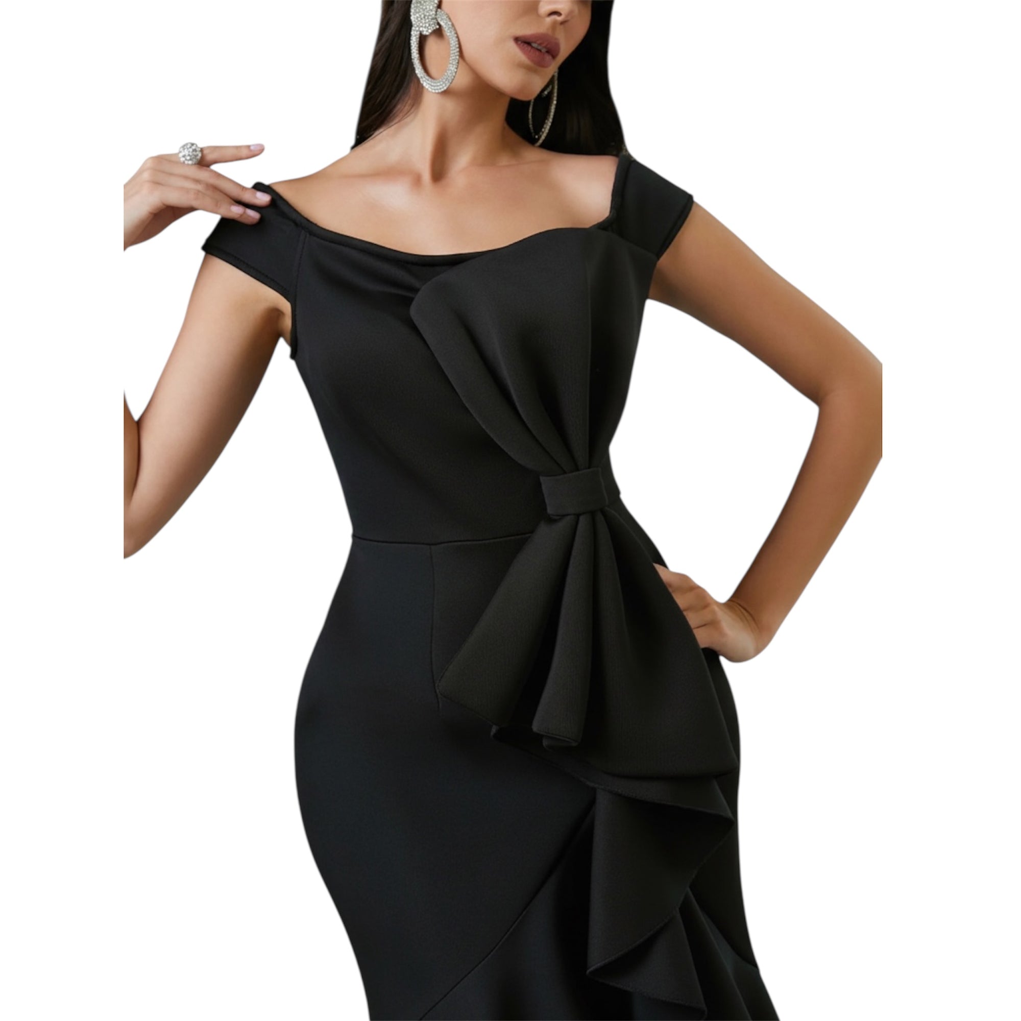Women's Off-the-shoulder V-neck Ruffled Pleated Waist Slit Dress Women Vintage Church Bow Decor Bodycon Midi Dress