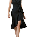 Women's Off-the-shoulder V-neck Ruffled Pleated Waist Slit Dress Women Vintage Church Bow Decor Bodycon Midi Dress