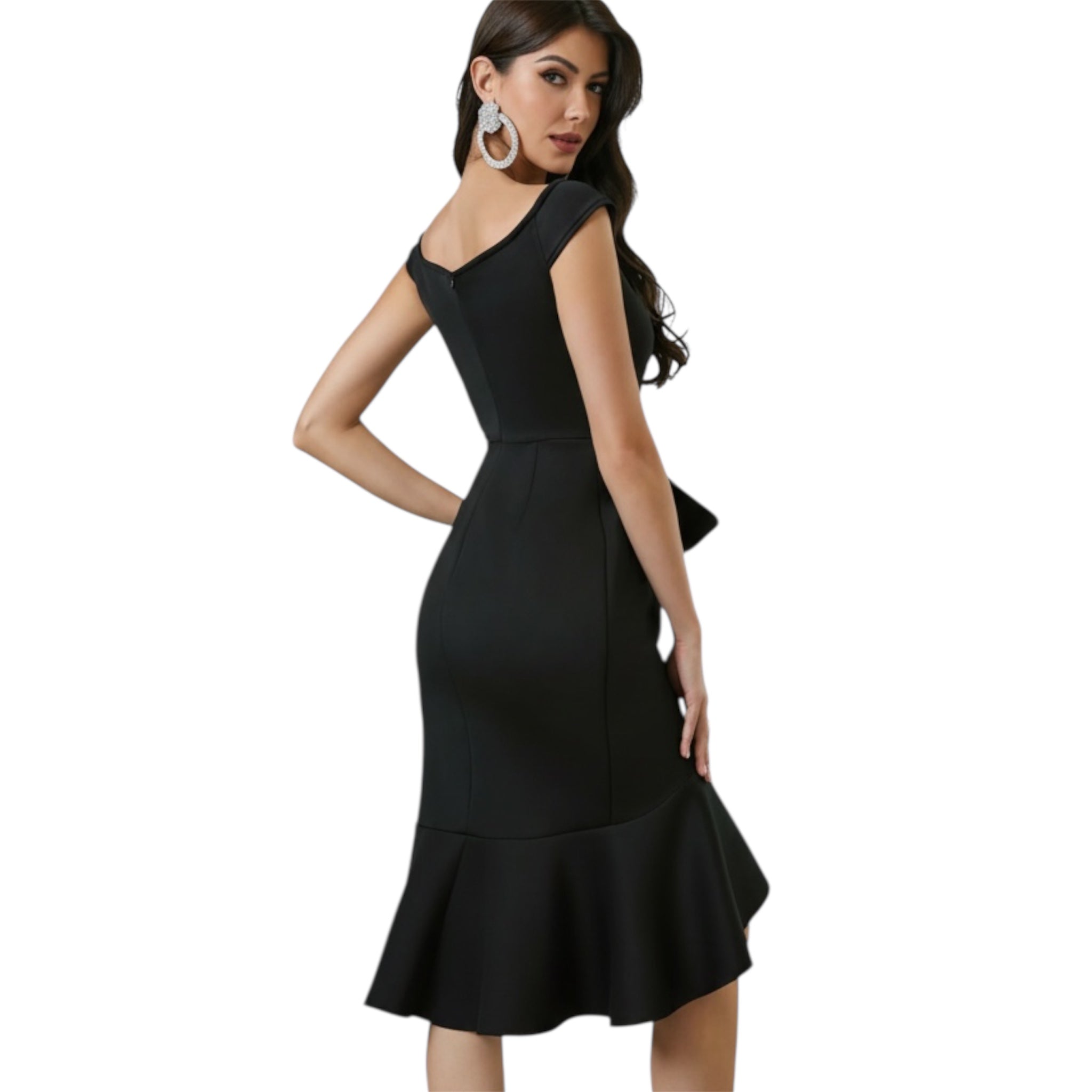 Women's Off-the-shoulder V-neck Ruffled Pleated Waist Slit Dress Women Vintage Church Bow Decor Bodycon Midi Dress