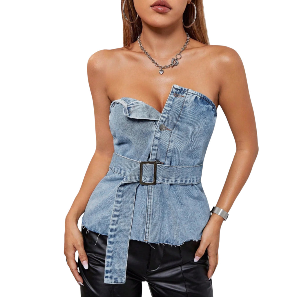Fashionable Women's Backless Tube Top Slim Fit Lace up Denim Sleeveless Tube Top Dress Women's Fashion Dress