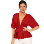 Women's Fashionable Deep V Ruffled Hem Belt Shirt OL Temperament Simple Shirt V Neck Casual Women's Fashion Dress