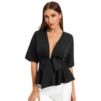 Women's Fashionable Deep V Ruffled Hem Belt Shirt OL Temperament Simple Shirt V Neck Casual Women's Fashion Dress