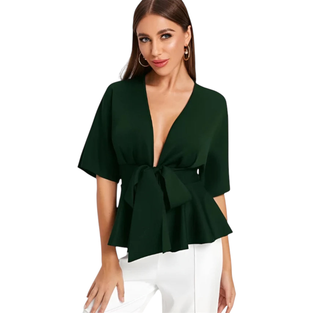 Women's Fashionable Deep V Ruffled Hem Belt Shirt OL Temperament Simple Shirt V Neck Casual Women's Fashion Dress